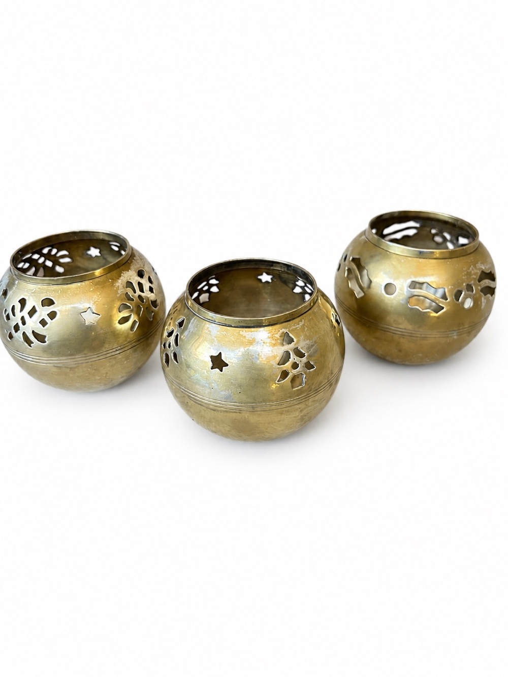 Vintage Brass Cutout Tealight Candle Holders Set of 3 Boho Votive Lanterns